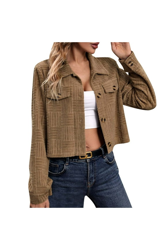 Women's Cropped Jacket Spring Lapel Button Up Casual Short Shacket Jackets Coats with Pockets