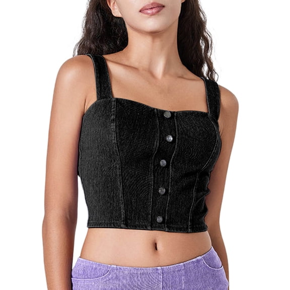 Aueoeo Women's Denim Shirt Casual Sleeveless Jean Shirts Fashion Trendy Cropped Tops Slim Fitted Tank Top
