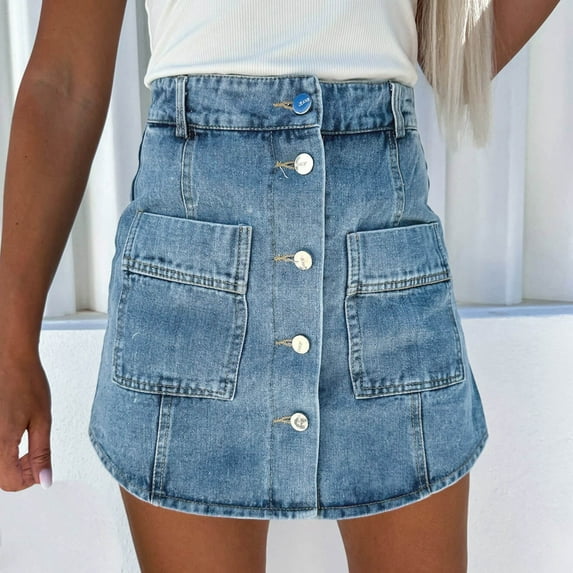 Aueoeo Women's Denim Skirt Summer Jean Skirts Casual Button Elastic High Waisted Slim Mini Skirt