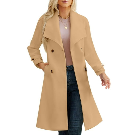 Aueoeo Women's Double-breasted Coat Lapel Collar Jacket Spring Trench Long-sleeved Casual Coat With Pockets