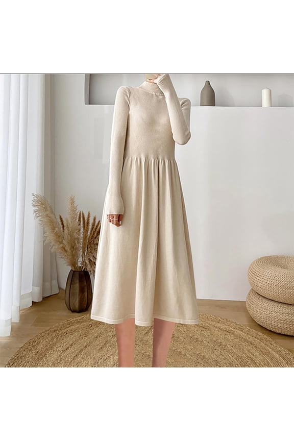 Women's Elegant Dress Semi High Collar Long Sleeve Sweater Dress Casual Soft Comfy Outfits