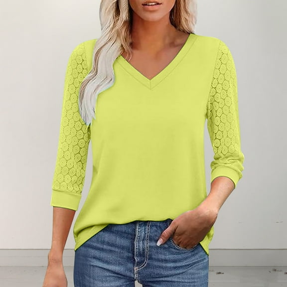 Aueoeo Women's Elegant V Neck Blouses 3/4 Sleeve Lace SleeveTops Lightweight Casual Work Office Shirts Yellow XL