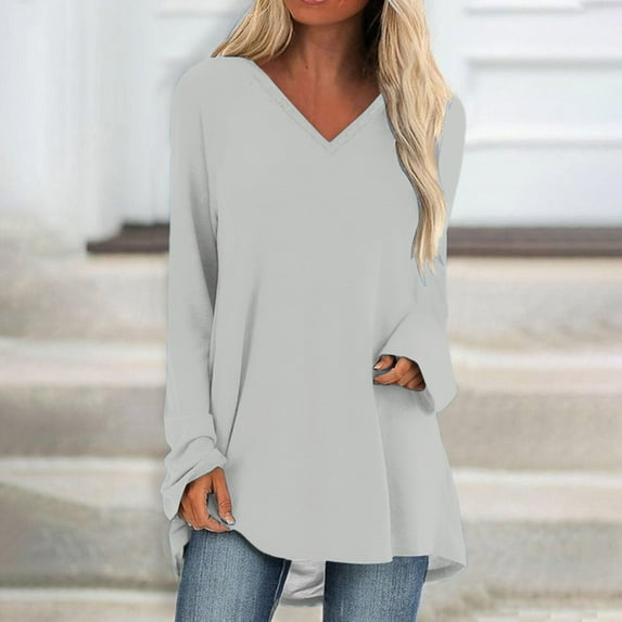 Aueoeo Women's Fall Winter Long Sleeve Tunic Tops for Leggings V Neck Casual Blouse Tee Shirts Sweatshirt