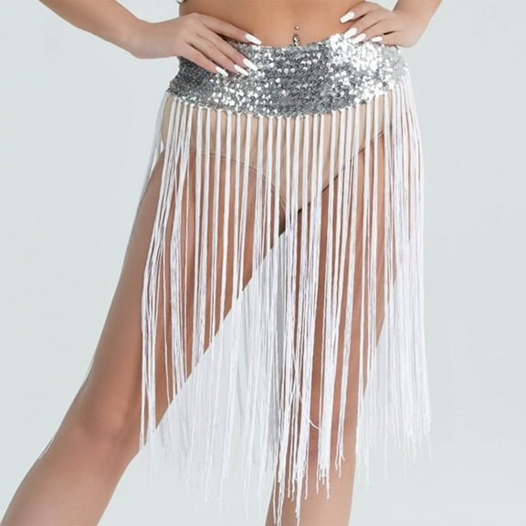 Aueoeo Women's Fashion Drawstring Tassel Skirt Sparkly Mini Dance Skirts High Waist Triangular Scarf Lace Up Hip Skirt