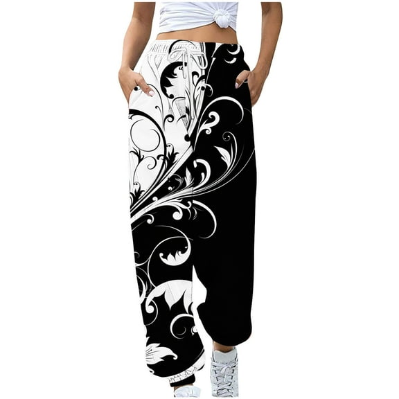 Aueoeo Women's Fashion Printed Jogger Pants High Waisted Drawstring Pant Ankle Binding Sweatpants With Pockets Multicolor M
