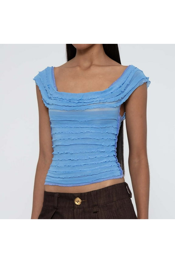 Women's Fashion Tank Top U Neck Mesh Ruffle Stretchy T Shirt Lightweight Streetwear Cute Blouse