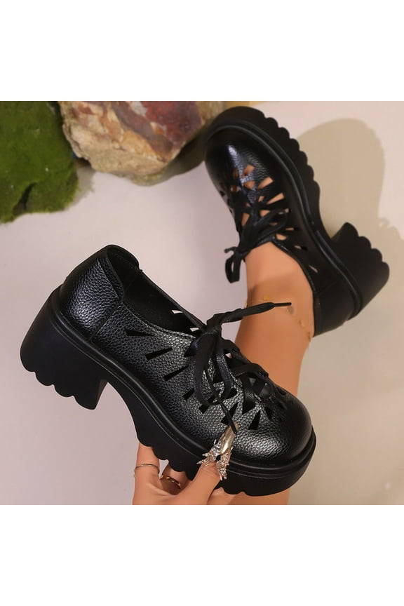 Women's Faux Leather Shoes Classic Lace Up Platforms Chunky Low-Heel Hollow Round Toe Dress Pump Shoes