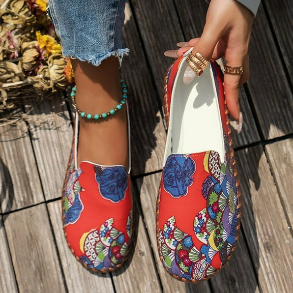 Aueoeo Women's Flat Sandals Flower Printed Closed Round Toe Shoes Fashion Slip On Shoe Dressy Comfortable Shoe