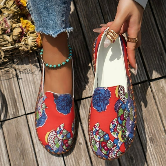 Aueoeo Women's Flat Sandals Flower Printed Closed Round Toe Shoes Fashion Slip On Shoe Dressy Comfortable Shoe