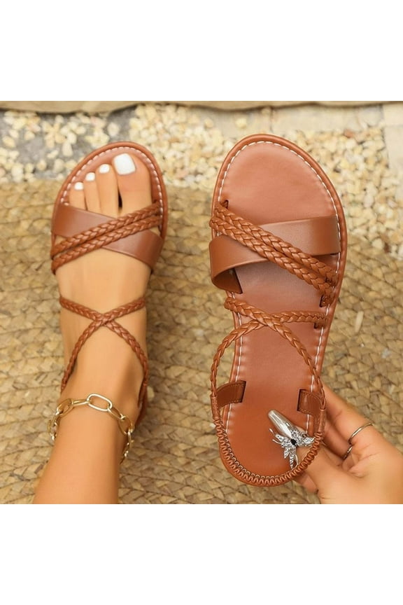 Women's Flat Sandals - Strappy Braid Beach Sandals Dressy Summer Bohemian Sandals Spring Casual Comfy Boho Shoes
