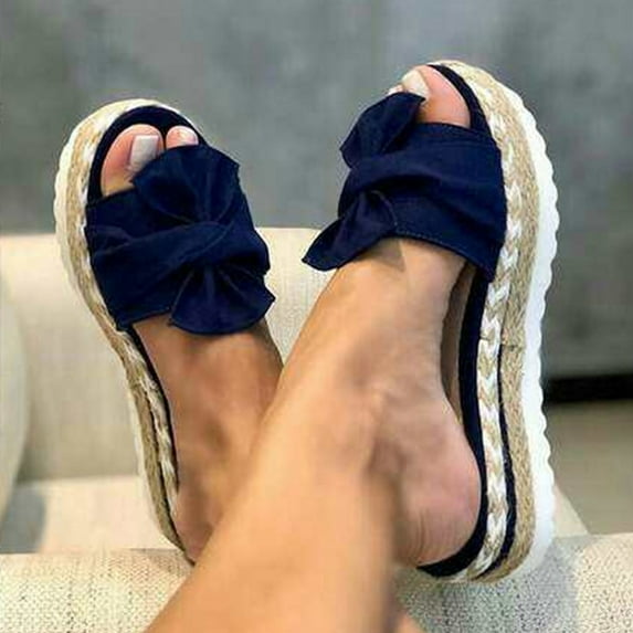 Aueoeo Women's Flat Sandals, Women's Platform Sandals Comfort Wedge Slides Slippers for Summer Bowknot Beach Slippers Slope Heels Plus Size Shoes