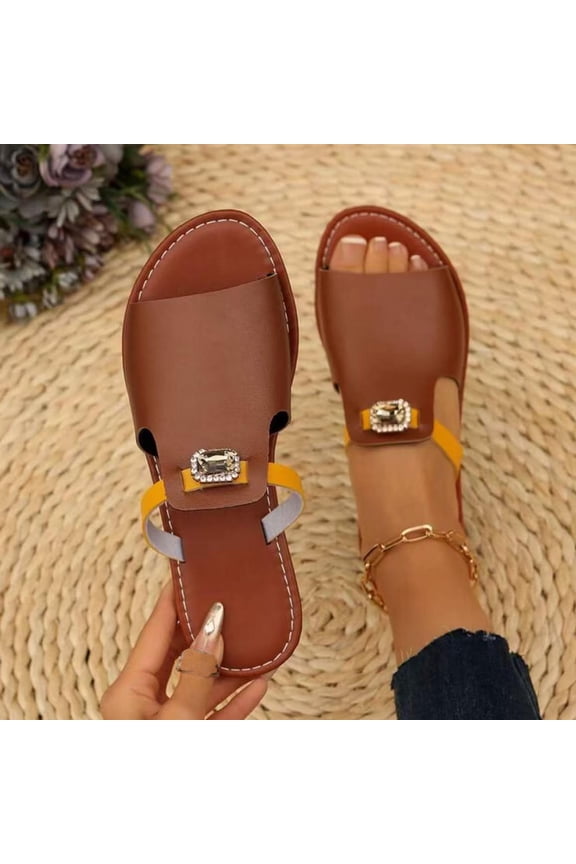 Women's Flat Slippers Faux Leather Open Toes Comfy Dressy Flat Shoes Elegant Slides Cute Round Toe Casual Wear Shoes