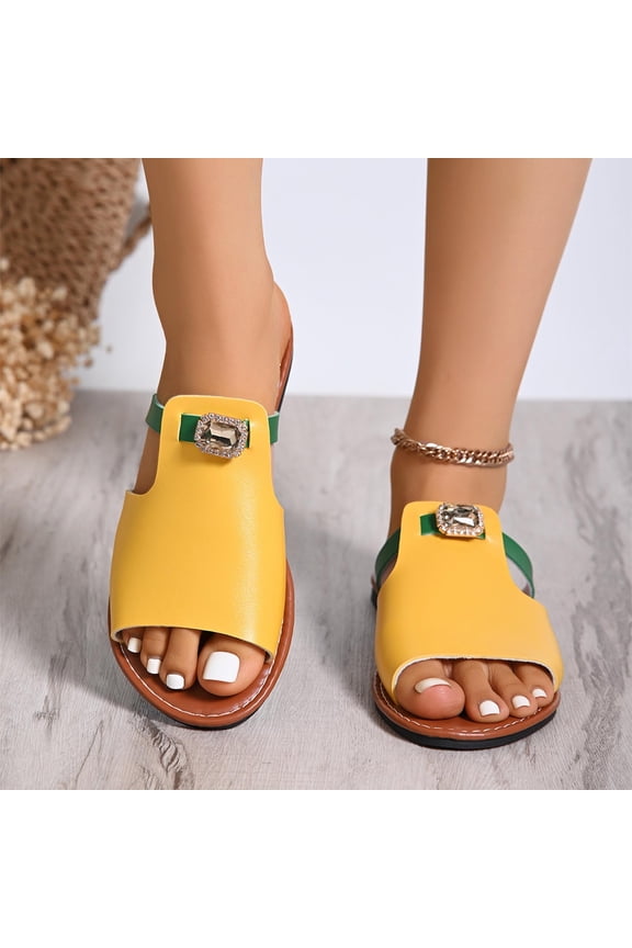 Women's Flat Slippers Faux Leather Open Toes Comfy Dressy Flat Shoes Elegant Slides Cute Round Toe Casual Wear Shoes