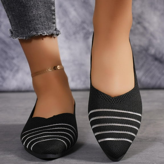 Aueoeo Women’s Flats Shoes Comfortable Fashion Stripe Flats Crochet Mesh Pointed Toe Slip On Casual Ballets Flats Dress Shoes