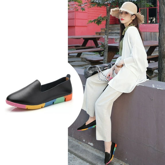 Aueoeo Women's Flats Shoes Leisure Shoes Slip On Work Shoes Comfort Walking Shoes Round Toe Leather Loafers