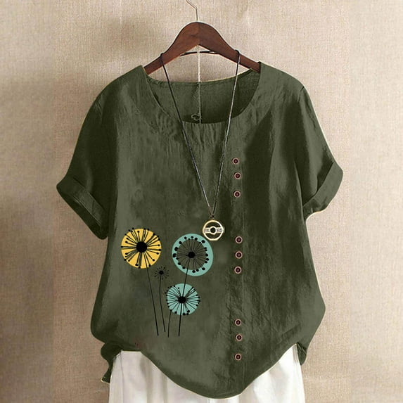 Aueoeo Women's Floral Print Short Sleeve Round Neck Linen-Look T-Shirts with Button Front Casual Tops for Springtime and Summer (S–5Xl),Army Green,XL