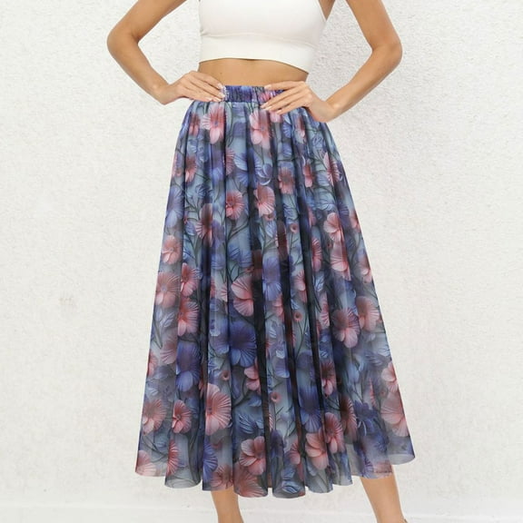 Aueoeo Women's Floral Printed Maxi Skirts High Waist Mesh Long Skirts Full Length A-Line Casual Beach Skirt Blue L