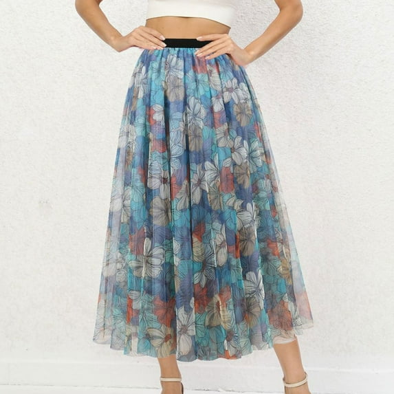 Aueoeo Women's Floral Printed Maxi Skirts High Waist Mesh Long Skirts Full Length A-Line Casual Beach Skirt Light Blue L