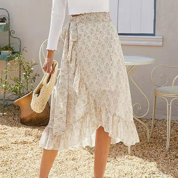 Aueoeo Women's Floral Printed Skirt Chiffon Elastic High Waist Dress Ruffle Tiered Flowy Midi Skirts Yellow S