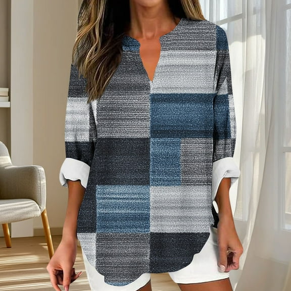 Aueoeo Women's Floral Printed T-Shirts Casual V-Neck Long Sleeve Tunic T-shirt Blouse Fashion Fall Spring Outfits