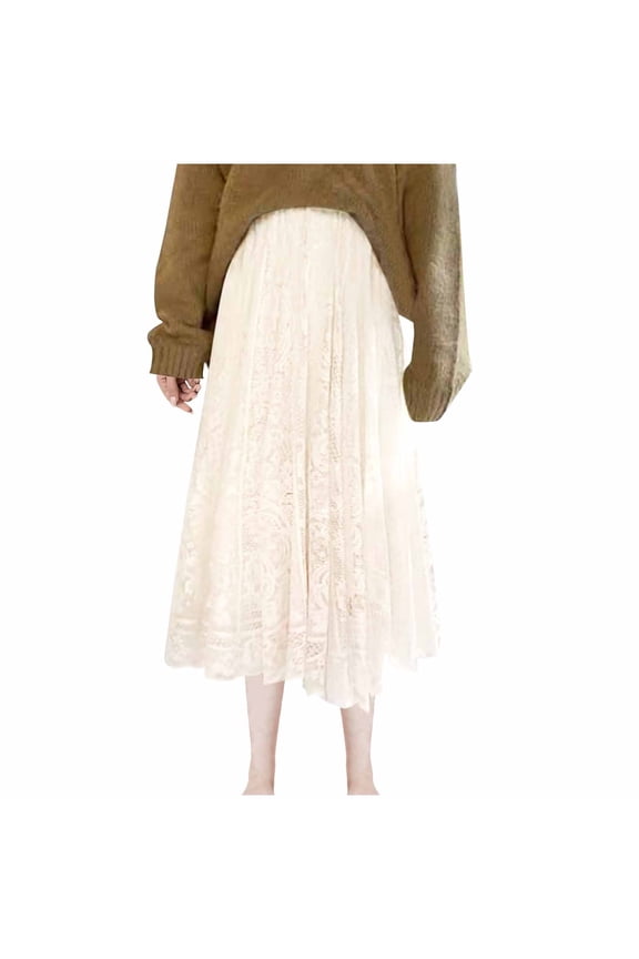 Women's Flower Lace Skirts Solid Color High Waist Crochet Hollow Out Knit Flowy Patterned Lace Long Maxi Skirt