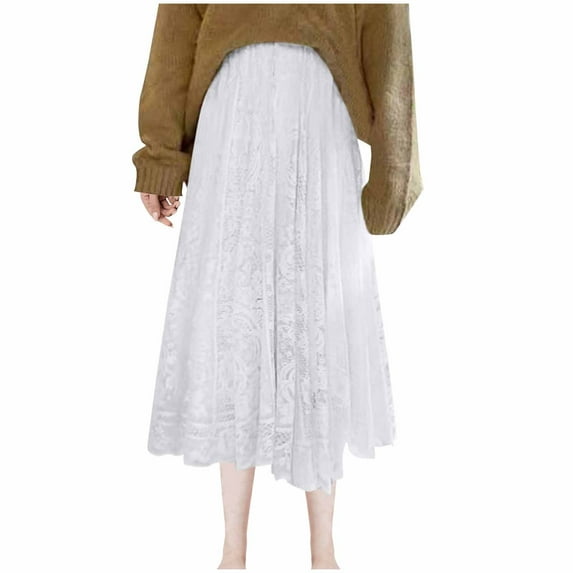 Aueoeo Women's Flower Lace Skirts Solid Color High Waist Crochet Hollow Out Knit Flowy Patterned Lace Long Maxi Skirt