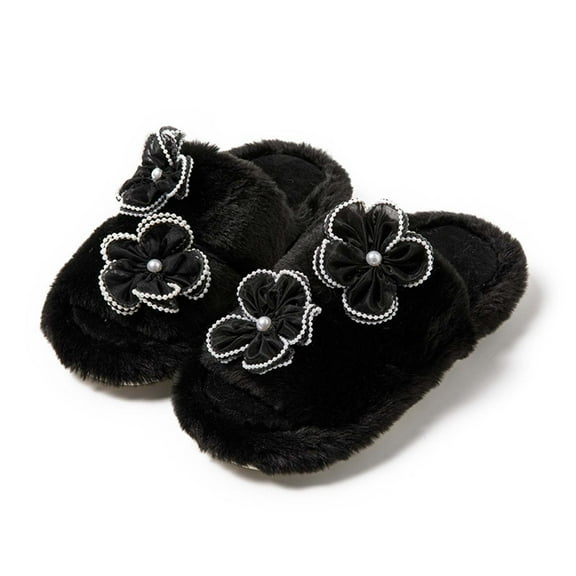 Aueoeo Women's Fluffier Faux Furs Slippers Comfy Open Toe Two Bands Slides With Fleece Lining Slippers With Flowers Black