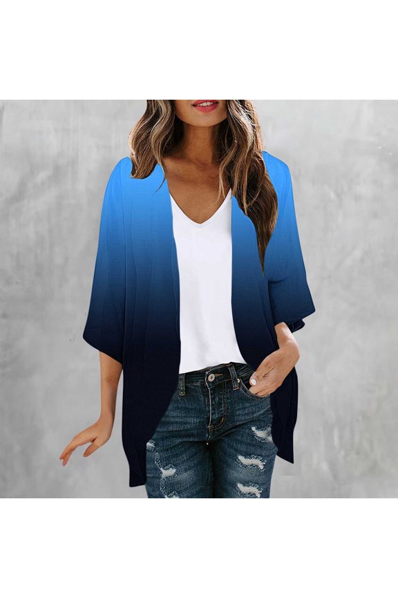 Women's Gradient Print Open-Front Cardigan – Casual 3/4 Sleeve Duster Tops for Springtime and Summer (S–Xxl),Black,M