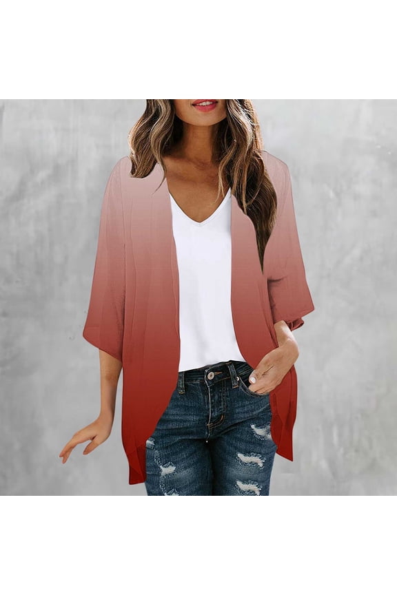 Women's Gradient Print Open-Front Cardigan – Casual 3/4 Sleeve Duster Tops for Springtime and Summer (S–Xxl),Red,XXL
