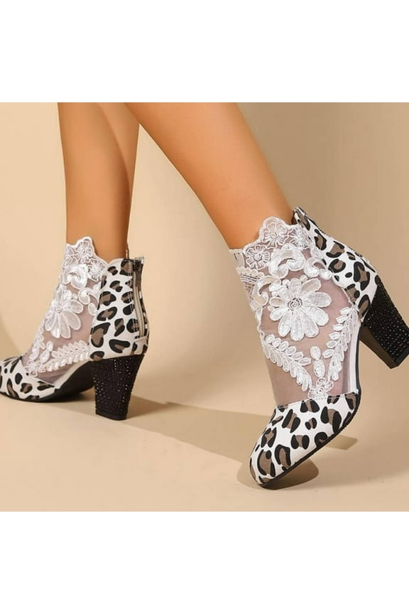 Women's Heels Mid Block Chunky Shoes Close Toe Fashion Dress Pump Sandals Leopard Print Suede Flower Lace Shoes