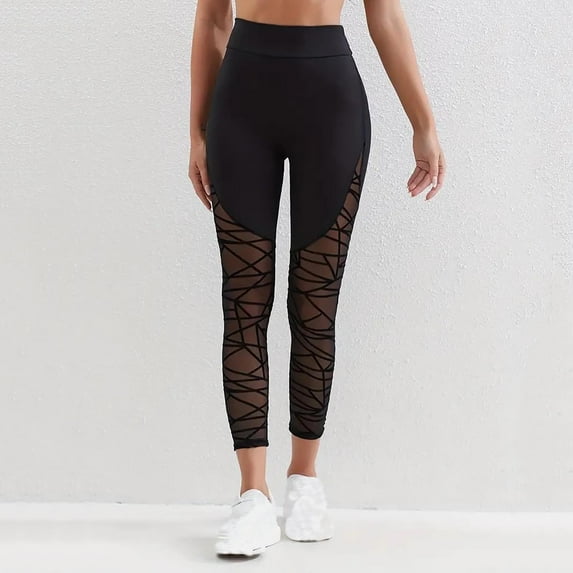 Aueoeo Women's High Waisted Yoga Pants Mesh Yarn Leggings Stretchy Workout Breathable Lightweight Yoga Pants with Side Pockets