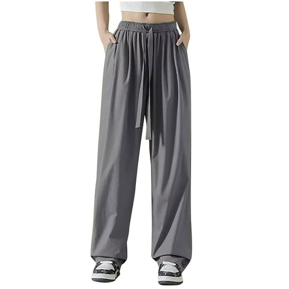 Aueoeo Women's Ice Silk Pants Summer Lightweight Solid Color Pants Elastic Drawstring High Waisted Casual Sports Pants With Pockets