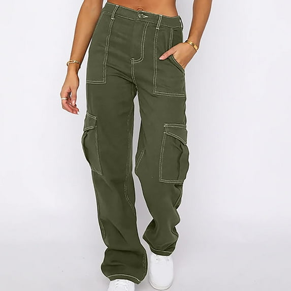 Aueoeo Women's Jeans, Womens High Waisted Straight Leg Jeans with Pocket Cargo Pants Workwear Denim Pants