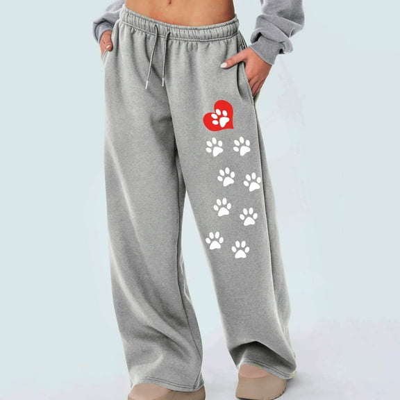 Aueoeo Women's Jogger Pants Cute Claws Printing Wide Leg Pants High-Waisted Drawstring Casual Sweatpants With Pockets Gray S