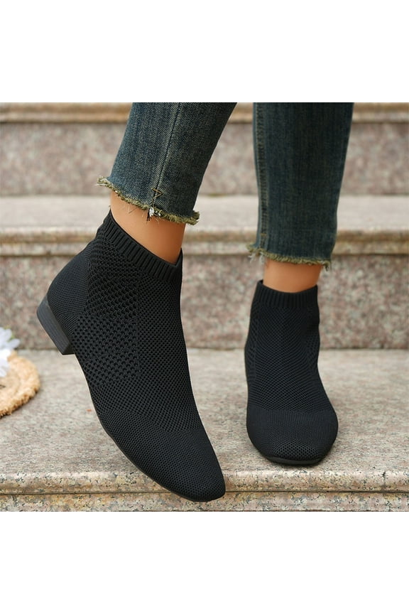 Women's Knitted Ankle Boots Stretch Elastic Knit Squared Pointed Toe Low Heel Breathable Fashion Sock Booties