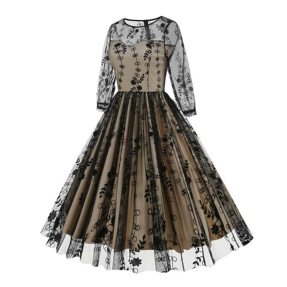 Aueoeo Women's Lace Floral Embroidery Dress Ruffle Long Sleeve Pleated Lightweight Party Cocktail Mini Dress