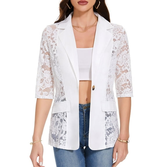 Aueoeo Women's Lace Patchwork Jackets Long Sleeve Suit Jacket Silm Fits Breathable Elegant Outwear
