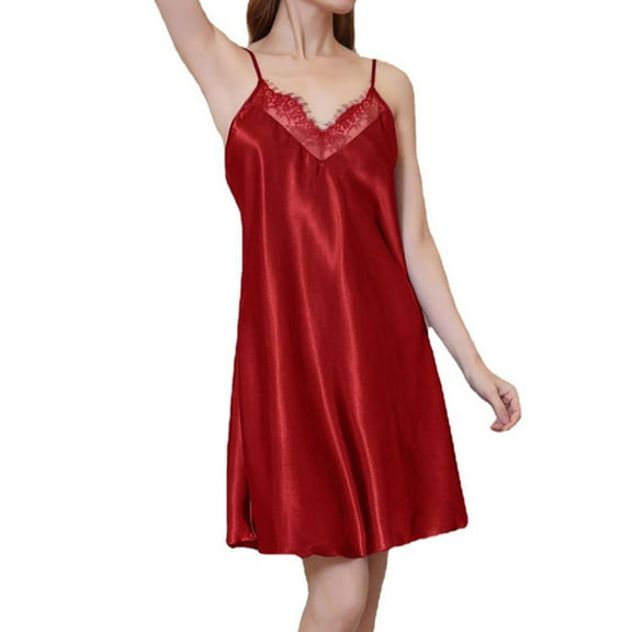 Aueoeo Women's Lace Trim Nightgown Silk Slip Dress Sleepwear V Neck Short Nightwear Summer Nightdress Wine S