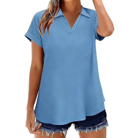 Aueoeo Women's Lapel Collar Short Sleeve Shirts with Pointed Collar – Tunic Tops with Roll-Up Sleeves for Summer and Everyday Wear (S–Xxl),Sky Blue,S