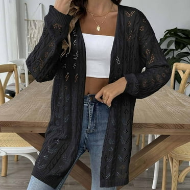Aueoeo Women's Lightweight Open Front Cardigan,Black Cardigan for Women Women Casual Hollow Out Solid Color Buttonless Jacket Cardigan Tops Open Front Cardigan for Women On Clearance