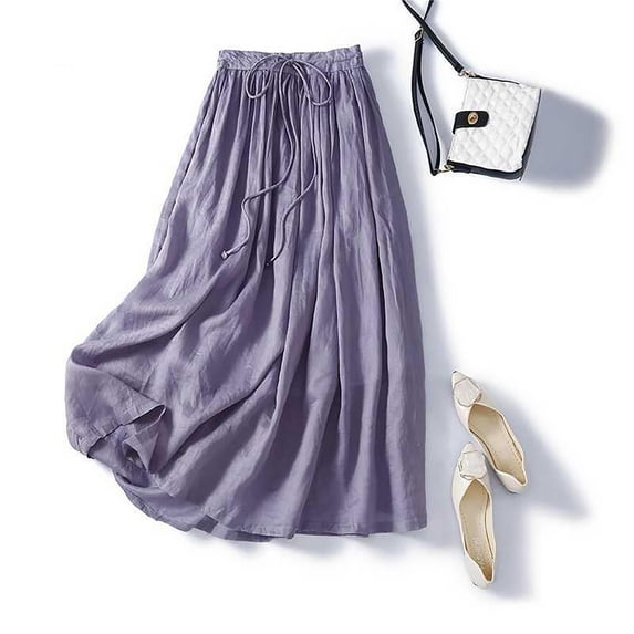 Aueoeo Women's Linen Cotton Skirt Casual Maxi Skirt Vintage A line Skirt High Waist Drawstring Elastic Flowy Skirts Purple L