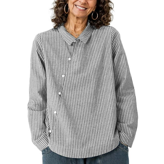 Aueoeo Women's Loose Striped Long Sleeve Tops with Lapel Collar & Elastic Drawstring – Soft Imitation Casual Rope Buckle Blouses for All Seasons (S-Xxl),Gray,XXL
