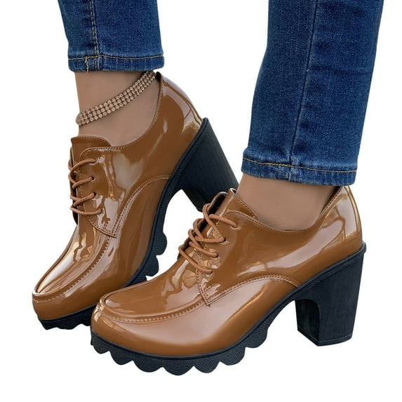 Aueoeo Women's Low Chunky Block Heeled Flats Shoes Non-Slip Shoes Casual Comfortable Elastic Flats Closure Lace Up Shoes