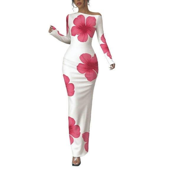 Aueoeo Women's Maxi Bodycon Dresses Floral Printed Party Long Dress Long Sleeve Lightweight Comfortable Outerwear Dress