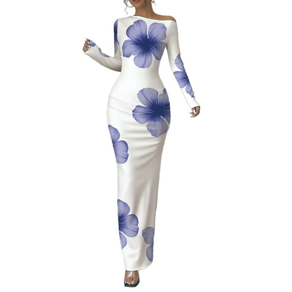 Aueoeo Women's Maxi Bodycon Dresses Floral Printed Party Long Dress Long Sleeve Lightweight Comfortable Outerwear Dress