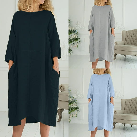 Aueoeo Women's Maxi Dress Solid Color Plus Size Loose Long Dresses Casual 3/4 Sleeve Fashion Dresses with Pockets
