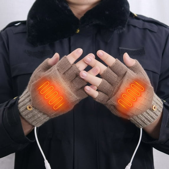 Aueoeo Women's & Men's USB Heated Gloves Knitting HAnds Full & Half Heated Fingerless Heating Warmer With Button Khaki