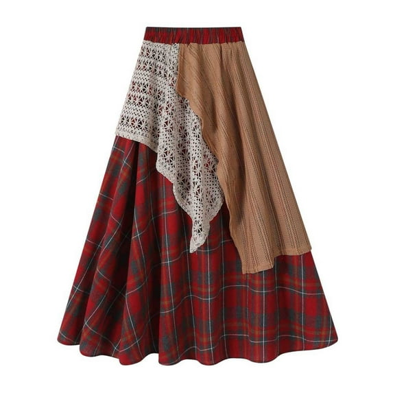 Aueoeo Women's Midi Skirt Plaid Layered Patchwork A Line Skirts High Waist Elastic Waist Boho Fashion Skirts