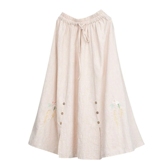 Aueoeo Women's Midi Skirt Vintage Floral Embroidered Cotton Linen Skirt A Line Elastic Waist Lightweight Long Skirt(Plus Size) Beige L