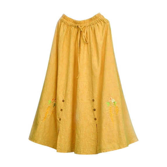 Aueoeo Women's Midi Skirt Vintage Floral Embroidered Cotton Linen Skirt A Line Elastic Waist Lightweight Long Skirt(Plus Size) Yellow 2XL